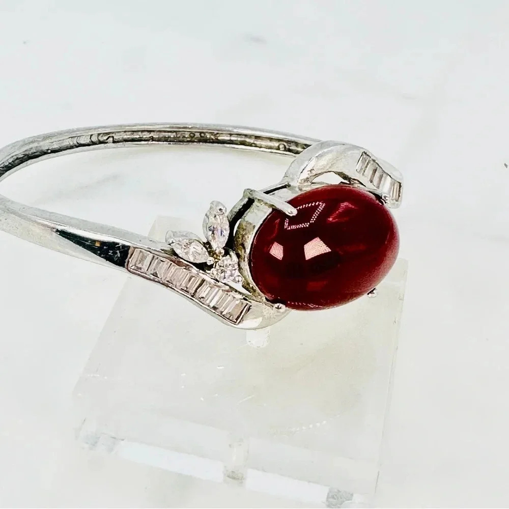 Burgundy Cabochon Glass Bracelet Baguette Rhinestone Silver Tone Hinged … - Picture 8 of 10